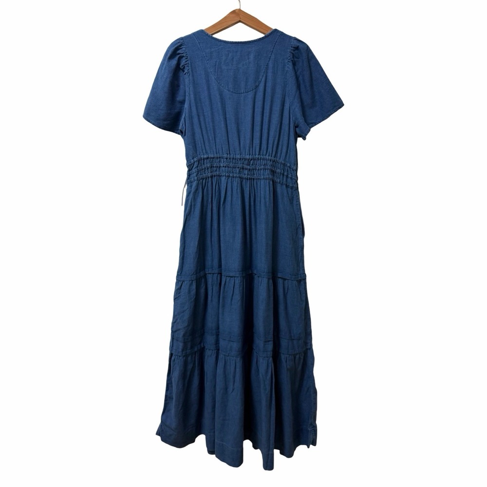 Anthropologie Maeve Somerset Chambray Tiered Maxi Dress Size L Blue Pockets NEW - Picture 2 of 9